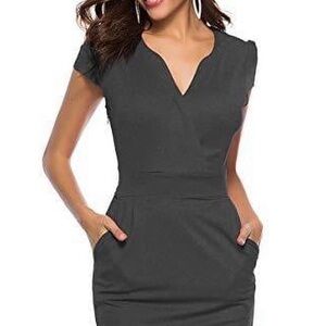 Ceasikery Black Midi Dress faux wrap with Pockets and zip side business cocktail